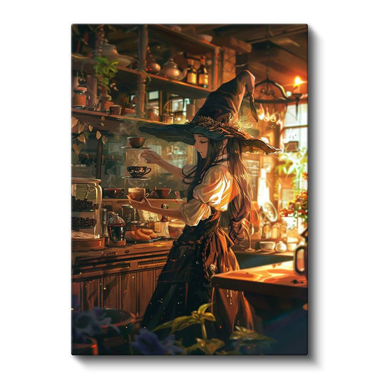 Cadı Kahvesi - Altın Işıltılı Atmosfer Anime Kanvas Tablo