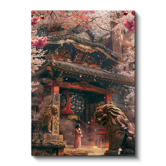 Kiraz Çiçekli Tapınak - Aslan Heykelli Giriş Anime Kanvas Tablo