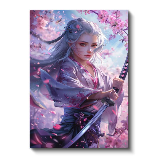 Kiraz Çiçekleri - Beyaz Saçlı Samuray Anime Kanvas Tablo