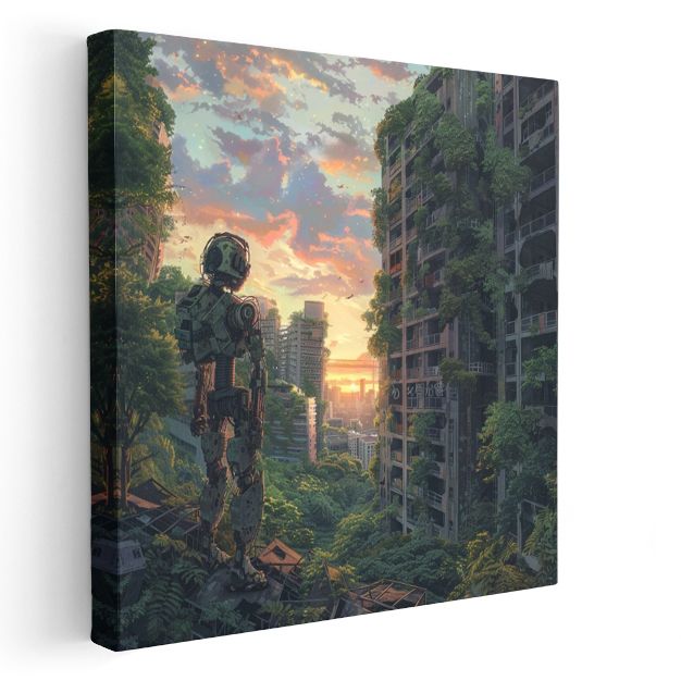 Yeşil Distopya - Gün Batımı Şehir Anime Kanvas Tablo