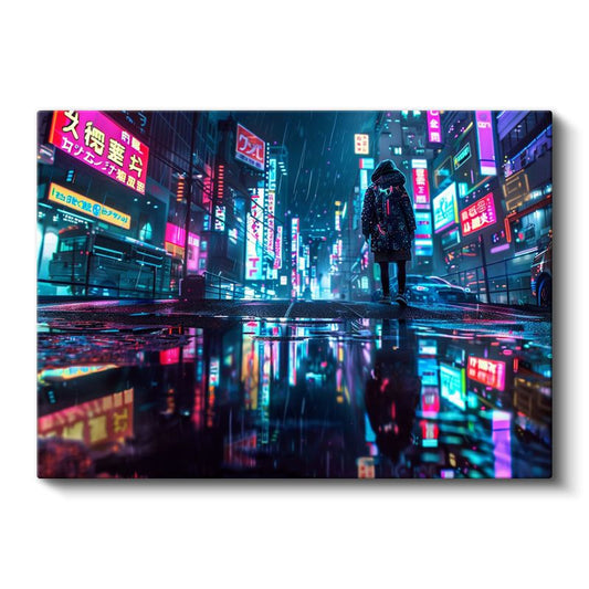 Neon Sokaklar - Yağmurlu Gece Anime Kanvas Tablo