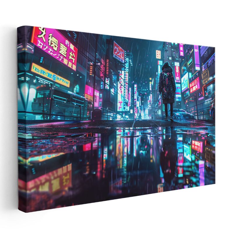 Neon Sokaklar - Yağmurlu Gece Anime Kanvas Tablo