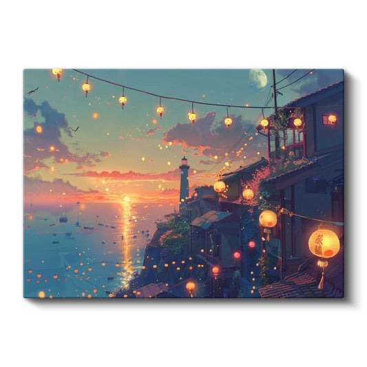 Deniz Feneri - Turuncu Günbatımı Anime Kanvas Tablo