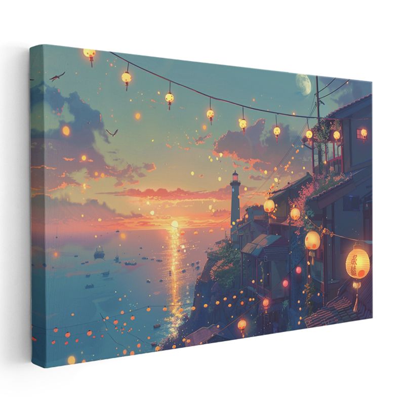 Deniz Feneri - Turuncu Günbatımı Anime Kanvas Tablo