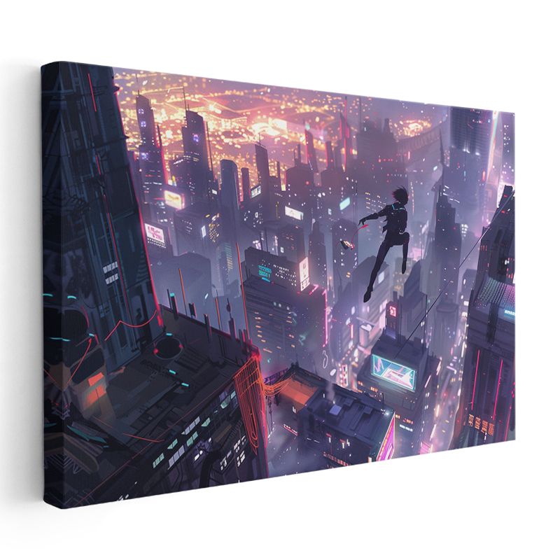 Cyberpunk Atlayış - Gece Şehri Anime Kanvas Tablo