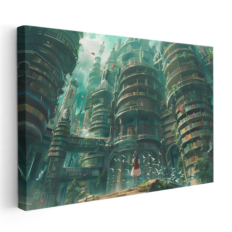Kitap Kuleleri - Yeşil Şehir Anime Kanvas Tablo
