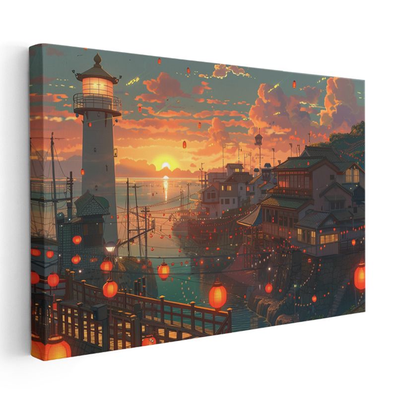 Liman Şehri - Turuncu Fenerler Anime Kanvas Tablo