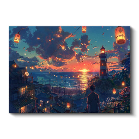 Deniz Feneri - Turuncu Fenerler Anime Kanvas Tablo