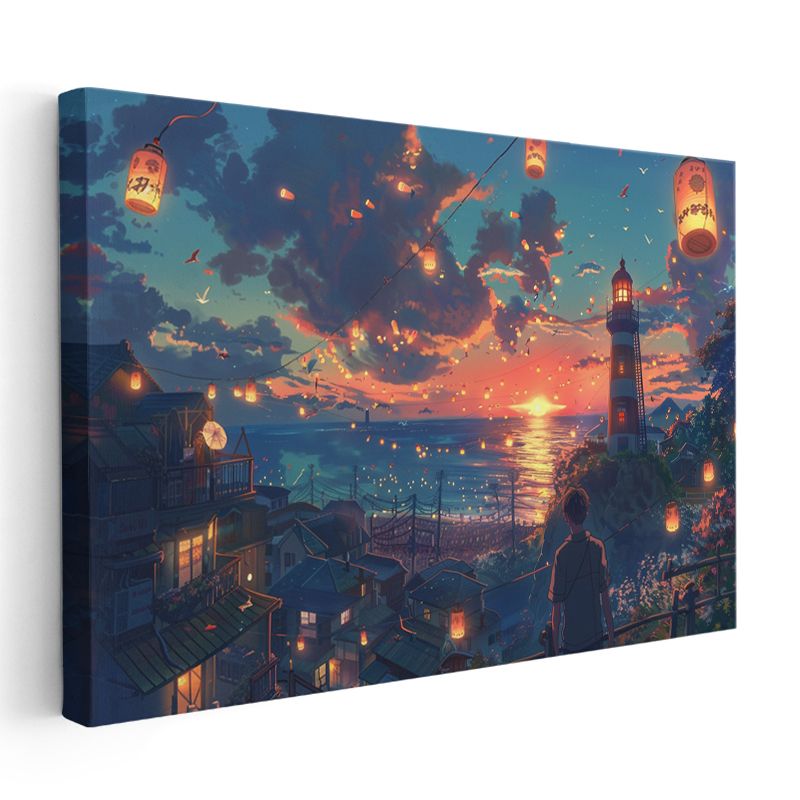 Deniz Feneri - Turuncu Fenerler Anime Kanvas Tablo