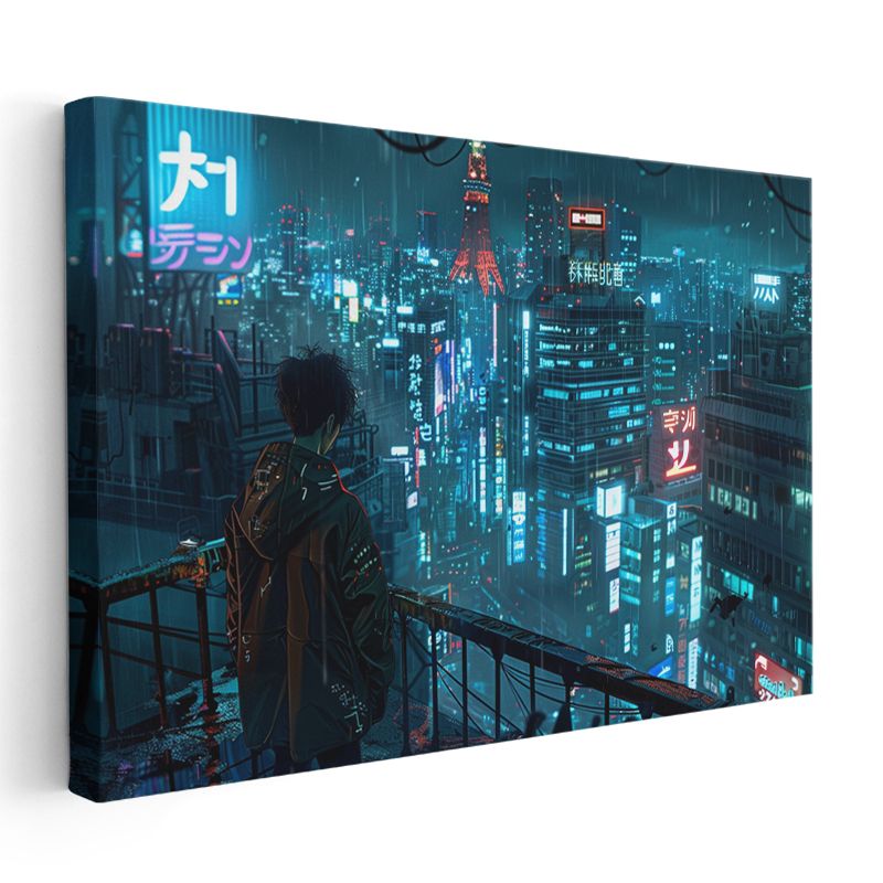 Neo Tokyo - Yağmurlu Gece Cyberpunk Anime Kanvas Tablo
