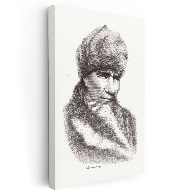 Kürklü Atatürk - Karakalem Kış Portresi Kanvas Tablo
