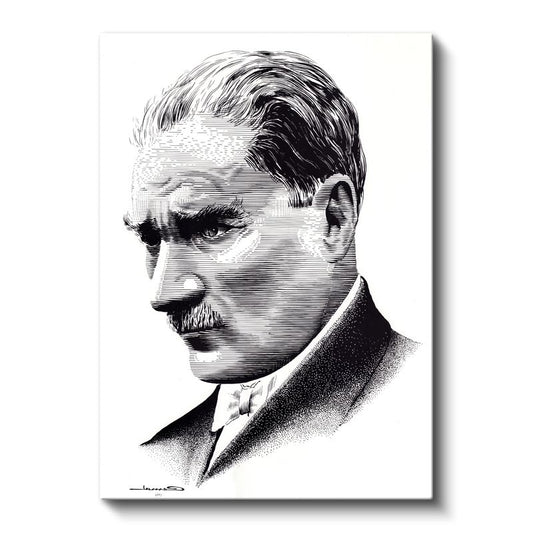 Nokta Çizim Atatürk - Beyaz Fonda Profil Kanvas Tablo