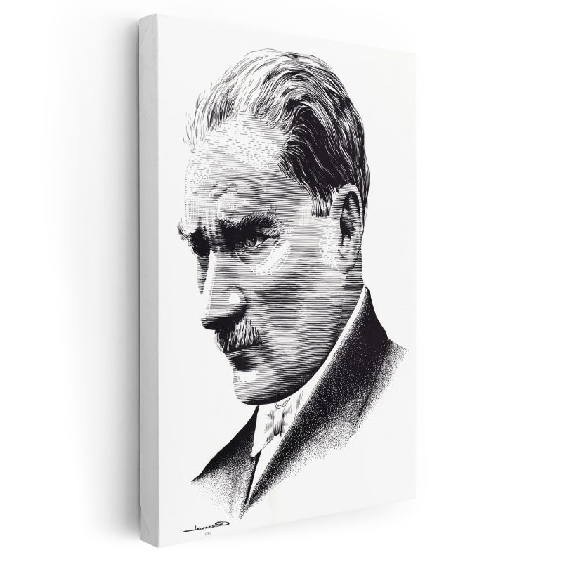 Nokta Çizim Atatürk - Beyaz Fonda Profil Kanvas Tablo