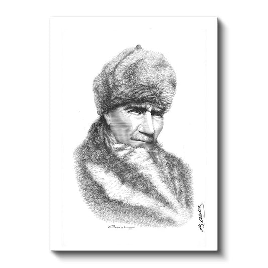 Kürklü Atatürk - İmzalı Karakalem Portre Kanvas Tablo