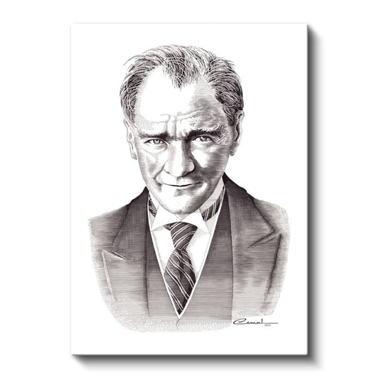 Karakalem Gülümseyen Atatürk - İmzalı Portre Kanvas Tablo