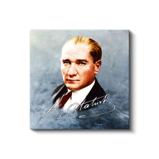 İmzalı Atatürk - Mavi Fonda Portre Kanvas Tablo