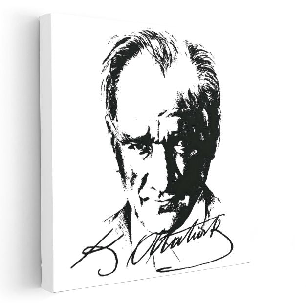 İmzalı Atatürk - Siyah Beyaz Çizim Kanvas Tablo