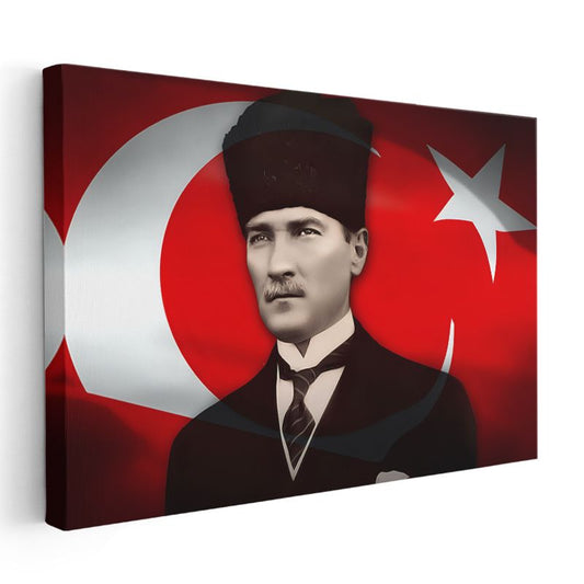 Kalpaklı Atatürk - Türk Bayrağı Fonlu Kanvas Tablo