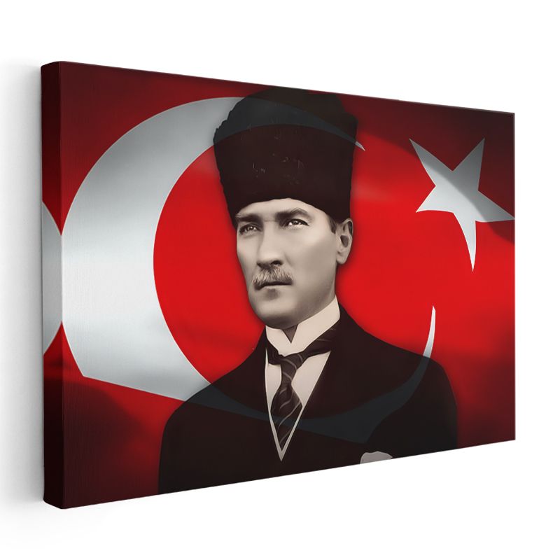 Kalpaklı Atatürk - Türk Bayrağı Fonlu Kanvas Tablo