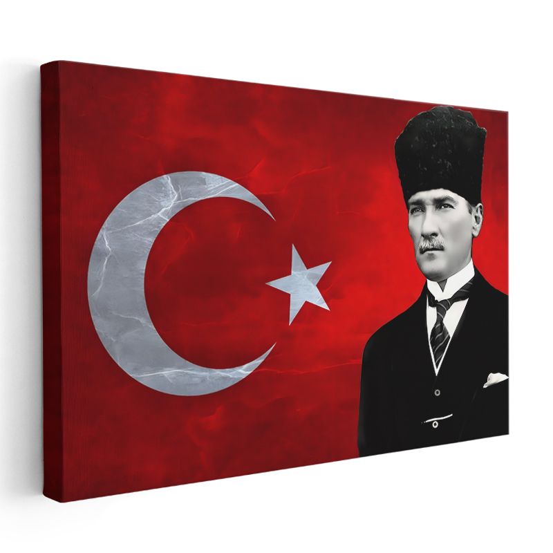Kalpaklı Atatürk - Kırmızı Bayrak Fonlu Portre Kanvas Tablo