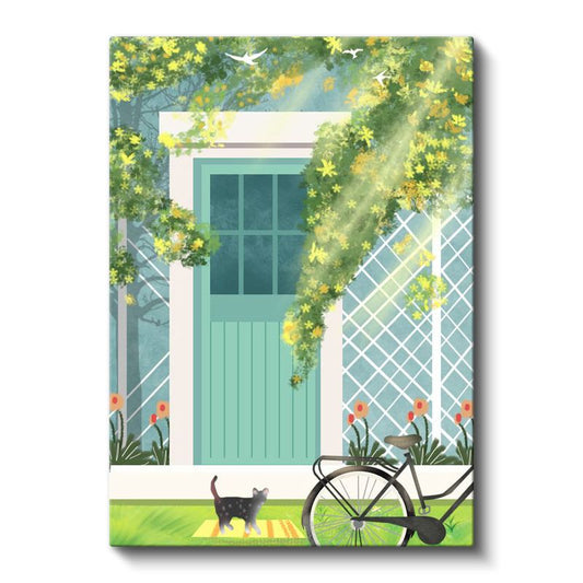 Yeşil Kapı - Çiçekli Bahçe ve Minik Dostlar Kanvas Tablo