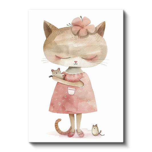 Kedi ve Fare - Pembe Elbiseli Sevimli Dostlar Kanvas Tablo