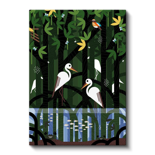 Leylek Dostlar - Yeşil Orman ve Mavi Sular Kanvas Tablo