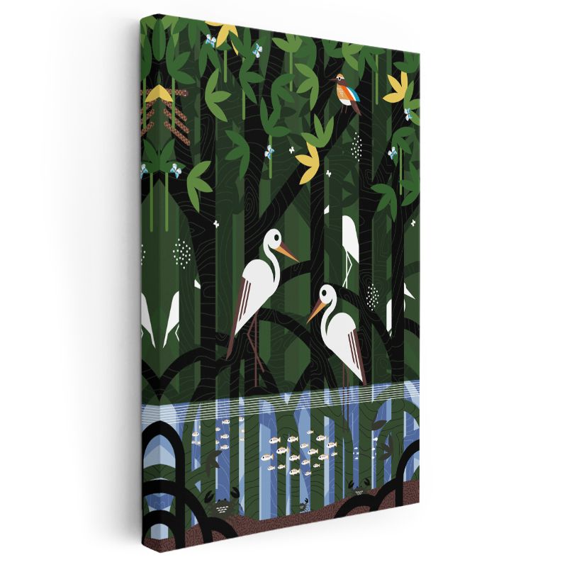 Leylek Dostlar - Yeşil Orman ve Mavi Sular Kanvas Tablo