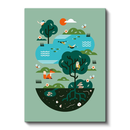 Doğa Ekosistemi - Ağaçlar ve Göl Yaşamı Kanvas Tablo