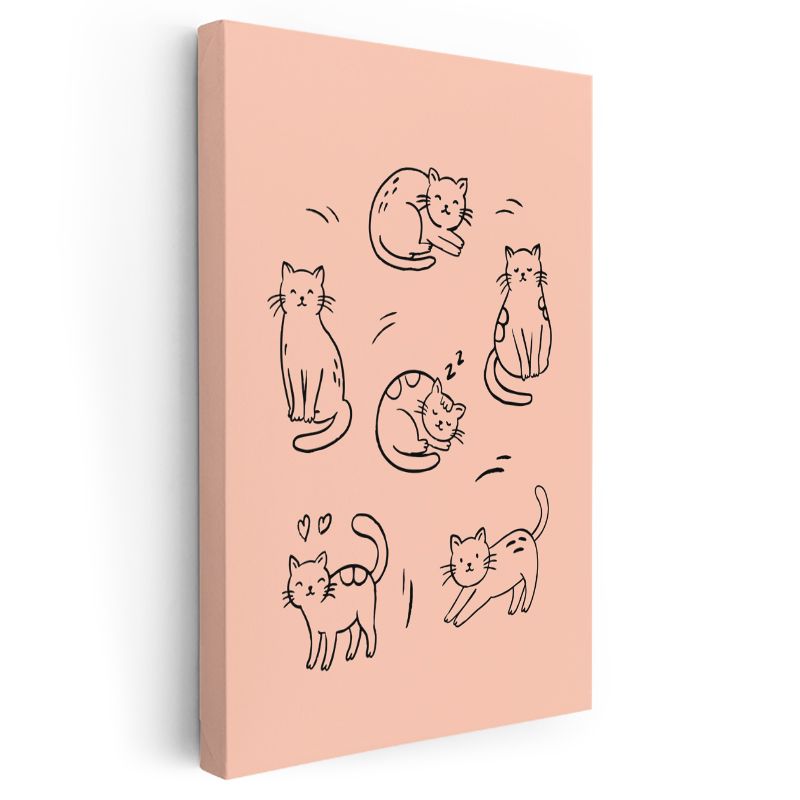 Kedi Figürleri - Somon Zeminde Sevimli Dostlar Kanvas Tablo
