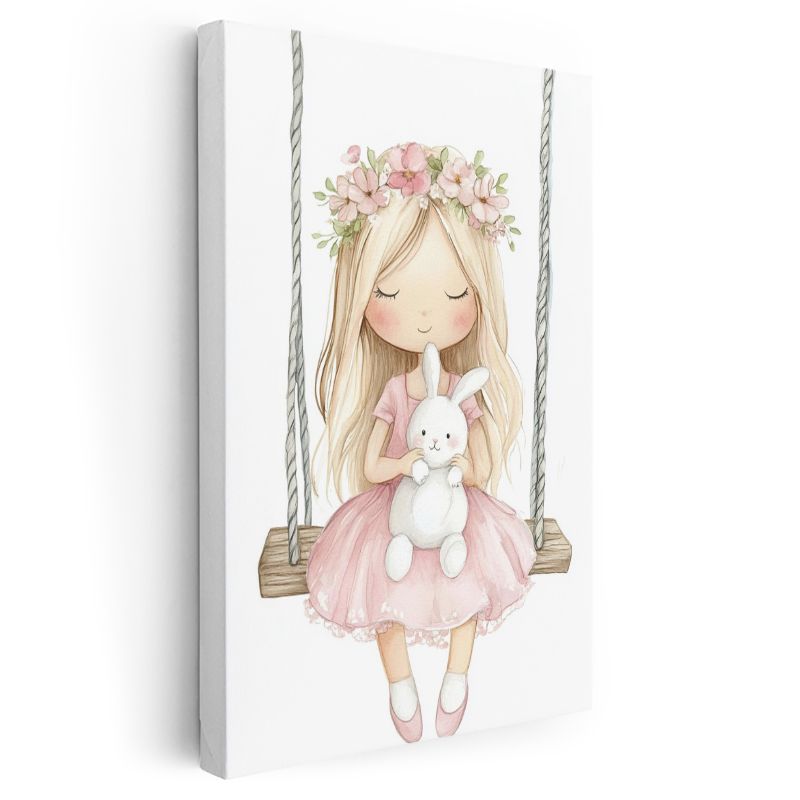 Salıncak Keyfi - Tavşanlı Kız ve Çiçek Tacı Kanvas Tablo