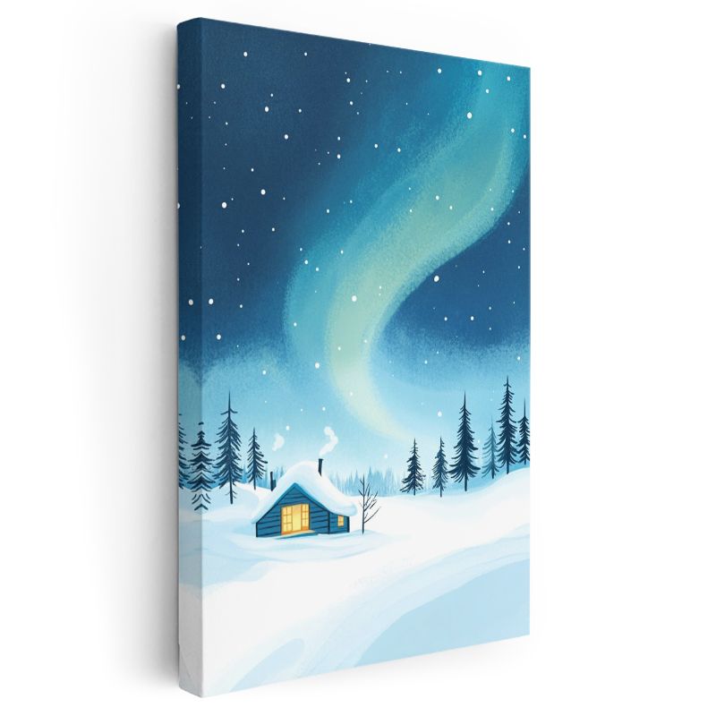 Kış Kulübesi - Kuzey Işıkları ve Karlı Orman Kanvas Tablo