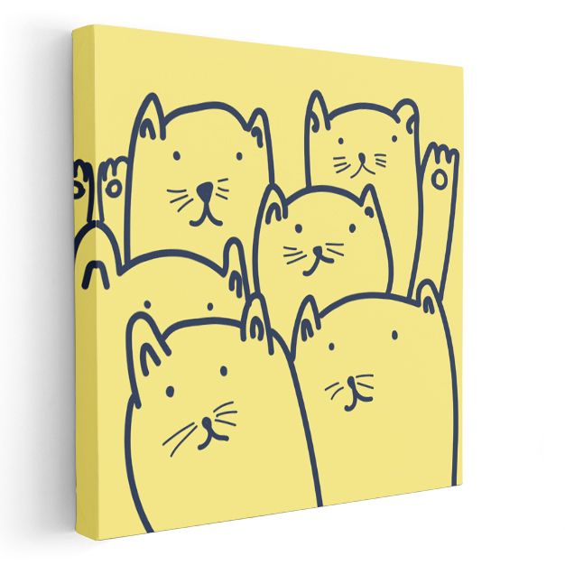 Kedi Dostlar - Sarı Zeminde Sevimli Figürler Kanvas Tablo