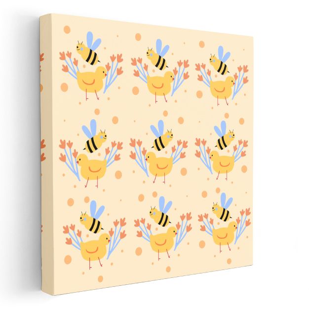 Arı ve Civciv - Bahar Dostları Deseni Kanvas Tablo