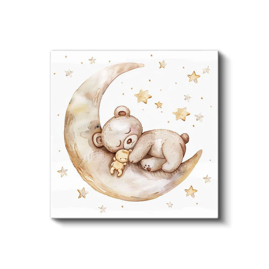 Ay Üzerinde Ayıcık - Yıldızlı Gökyüzünde Tatlı Rüyalar Kanvas Tablo