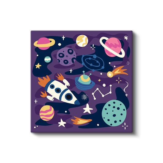 Uzay Macerası - Renkli Gezegenler ve Roket Kanvas Tablo