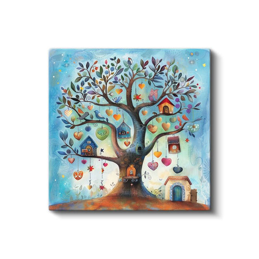 Hayal Ağacı - Renkli Kalpler ve Kuşlar Kanvas Tablo