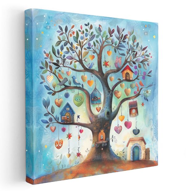 Hayal Ağacı - Renkli Kalpler ve Kuşlar Kanvas Tablo