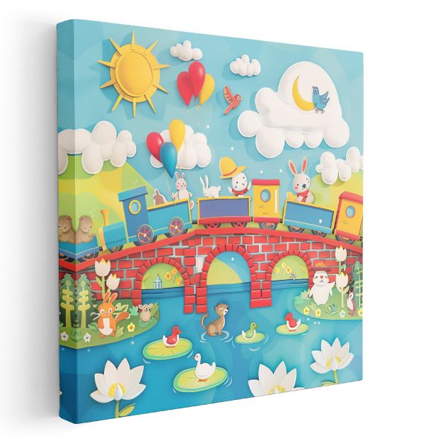 Neşeli Tren - Köprü Üzerinde Hayvan Dostlar Kanvas Tablo