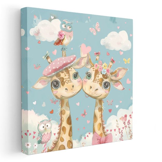 Zürafa Arkadaşlar - Şapkalı ve Çiçekli Sevimli Dostlar Kanvas Tablo