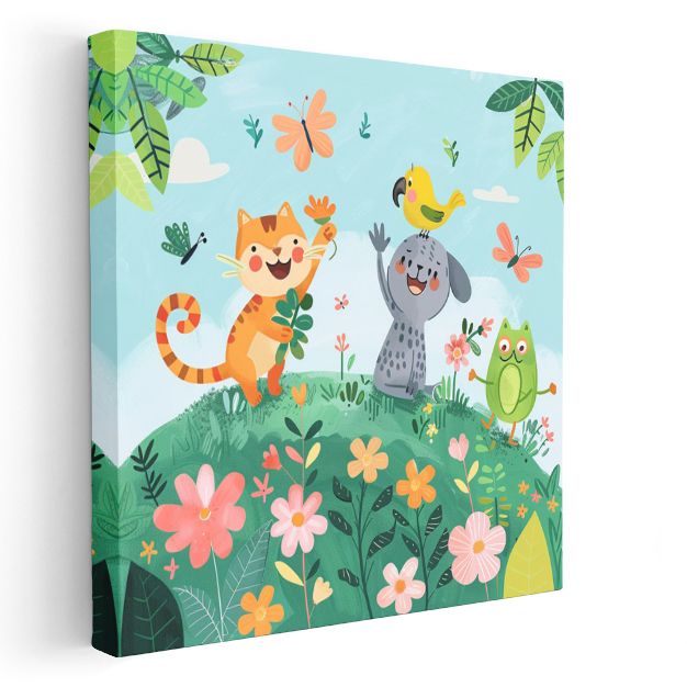 Çiçek Bahçesi - Mutlu Hayvan Dostları Kanvas Tablo