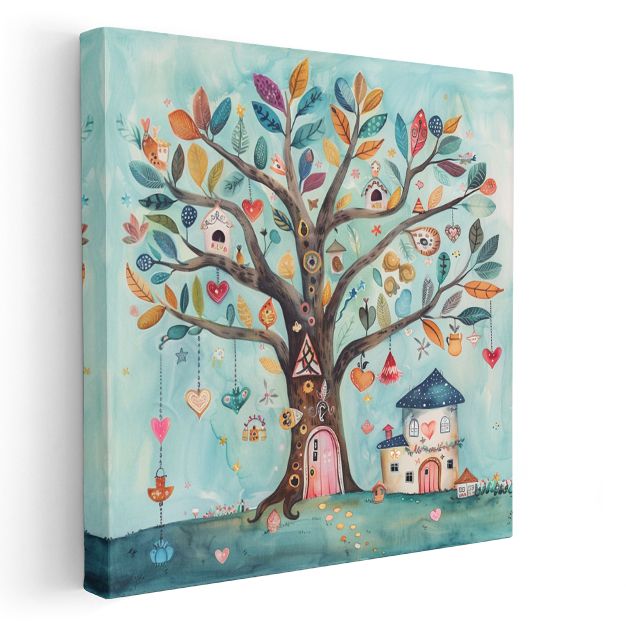 Masal Ağacı - Renkli Yapraklar ve Küçük Ev Kanvas Tablo