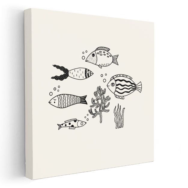 Minimalist Balıklar - Siyah Beyaz Deniz Dostları Kanvas Tablo