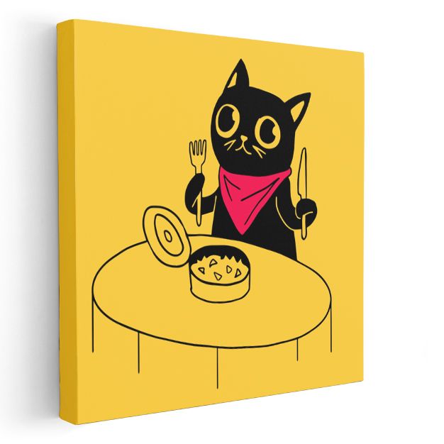 Yemek Vakti - Kırmızı Bandanalı Kedi Kanvas Tablo