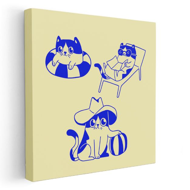 Tatil Kedileri - Mavi Çizgili Sevimli Dostlar Kanvas Tablo