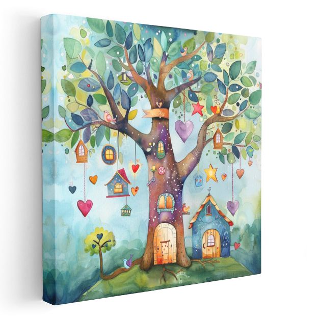 Sihirli Ağaç - Renkli Yapraklar ve Küçük Evler Kanvas Tablo