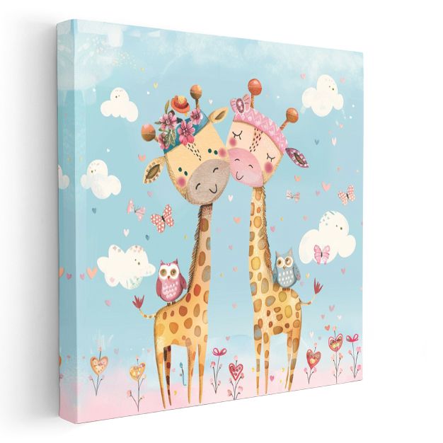 Aşık Zürafalar - Çiçekli Taçlı Dostlar Kanvas Tablo