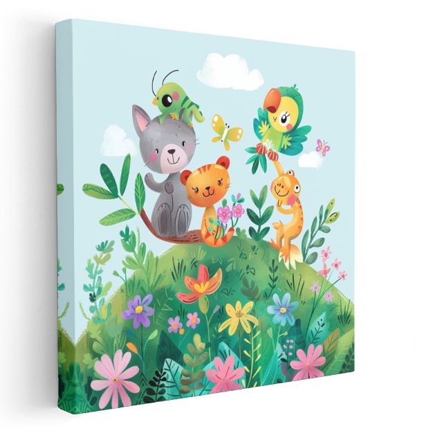 Çiçek Bahçesi - Sevimli Hayvan Dostları Kanvas Tablo