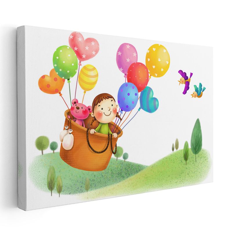 Balonlu Macera - Renkli Balonlarla Uçan Çocuk Kanvas Tablo