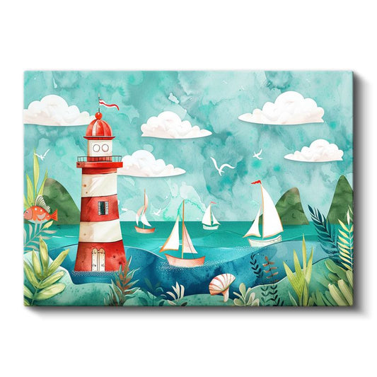 Deniz Feneri - Turkuaz Sularda Yelkenliler Kanvas Tablo